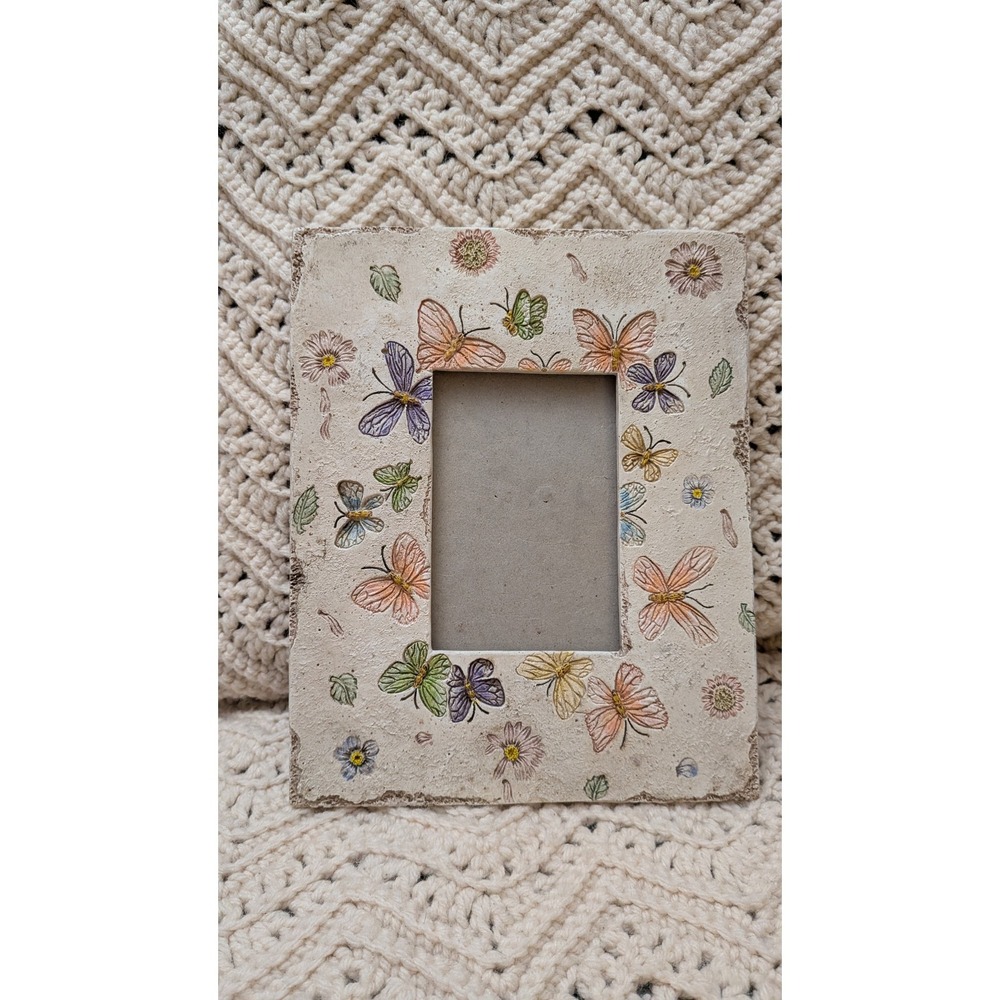Vintage Butterfly Floral Hand Painted Stone Texture Picture Frame 5x3.5 Cottage